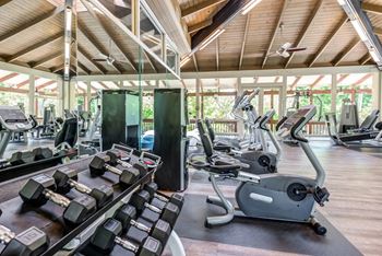 a gym with cardio equipment and weights  at Rancho Los Feliz, California